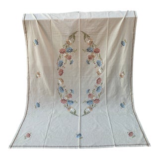 Vintage Cretan Hand Embroidered Cross Stitch Floral Tablecloth Tan- Ecru Autumnal Linen For Sale