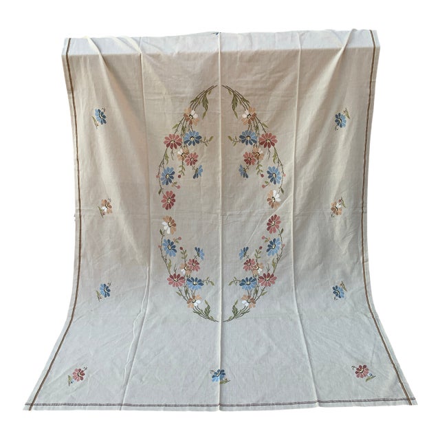 Vintage Cretan Hand Embroidered Cross Stitch Floral Tablecloth Tan- Ecru Autumnal Linen For Sale
