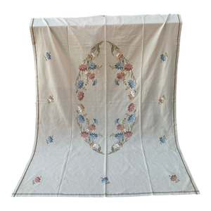 Vintage Hand Embroidered Tablecloth Tan- Ecru Autumnal, Cotton Linen Blend
