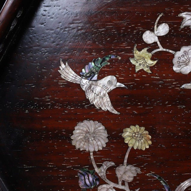 Chinese Vintage Zitan Wood Hexagonal Tray With Mother-of-Pearl Bird & Floral Inlay For Sale - Image 3 of 10