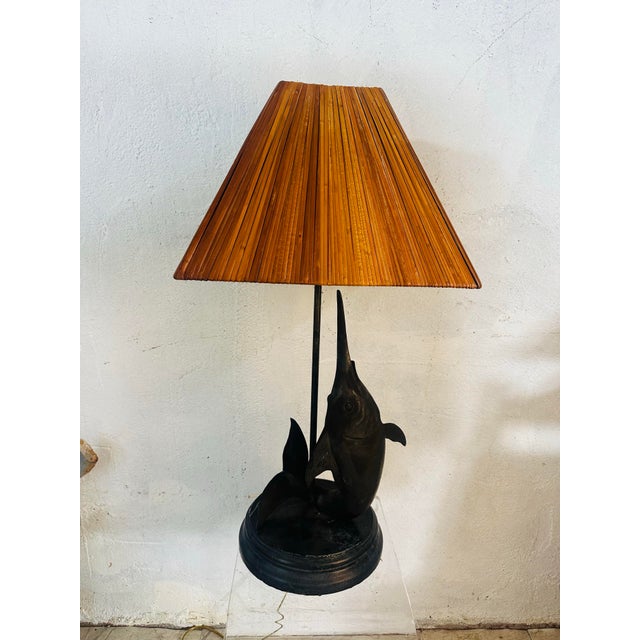 Vintage Bronze Swordfish Lamp With Rattan Shade For Sale - Image 4 of 8