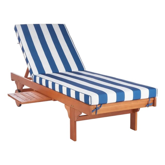 Newport Chaise Lounge Chair with Side Table, Natural/Navy Stripe Cushion For Sale