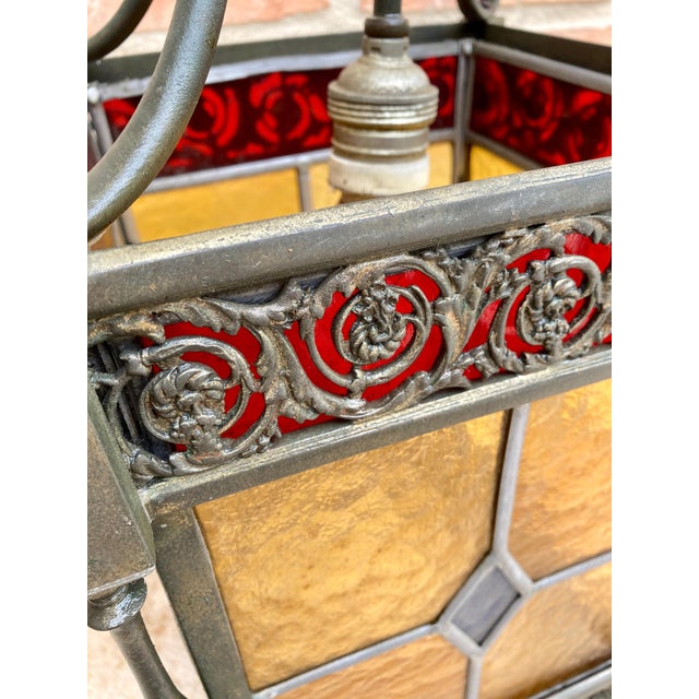 Wrought Iron and Stained Glass Ceiling Lantern Lamp, 1950s For Sale In Miami - Image 6 of 18