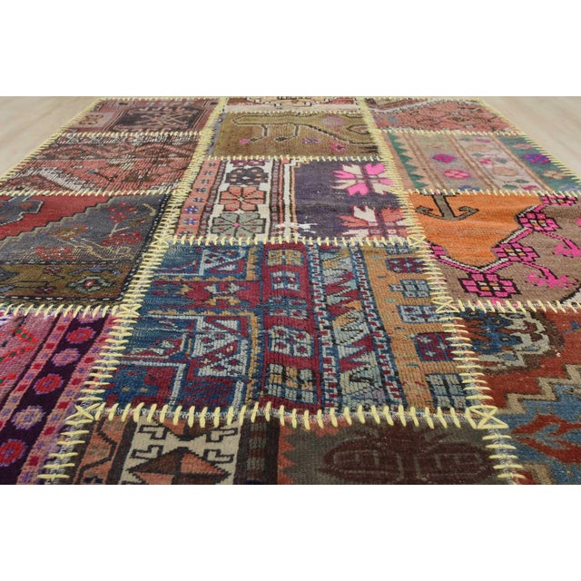 Patchwork Rug 4’1” X 5’11” Multicolor Wool Vintage Hand-Knotted Carpet For Sale - Image 10 of 14