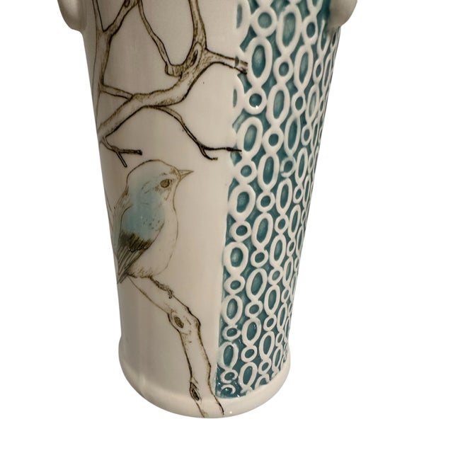 Vintage Geometric Turquoise Bird on a Branch Motif Vase For Sale - Image 9 of 11