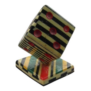 Vintage Bakelite Dice Cube – Bold Geometric Stripes, Checkerboard & Raised Red Dots, 1930s–1950s. For Sale