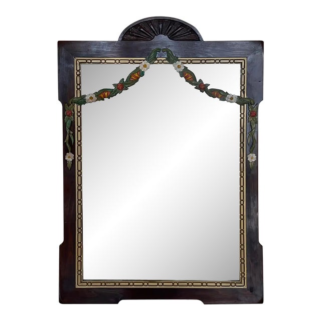 Early 20th French Wood Wall Mirror With Painted Garland of Flowers For Sale