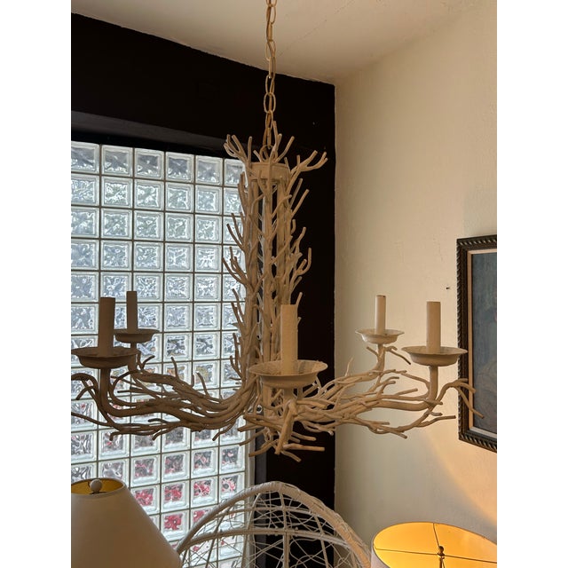 Boho chic Italian six light chandelier handcrafted in iron in a faux coral form with the original white finish.