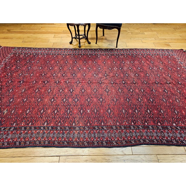Vintage Turkmen Yomut Soumak Tribal Rug, Handwoven Wool, Allover Geometric Pattern, 6x12 For Sale - Image 9 of 10
