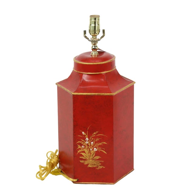 Red Vintage Export British Tea Can Hand-Painted Chinoiserie Hexagonal Table Lamp For Sale - Image 4 of 7