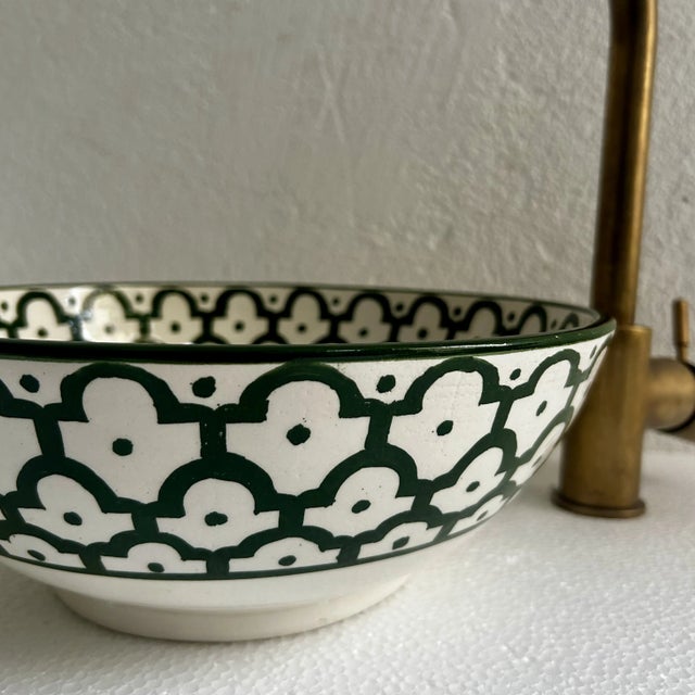 Handcrafted Ceramic Green Vessel Sink Basin, Brass Drain For Sale - Image 6 of 9