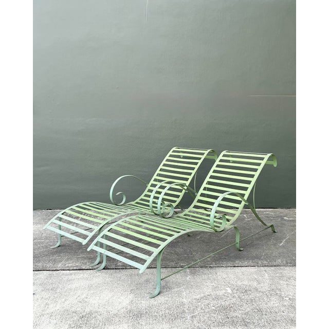 Asparagus Vintage Regency Cast Aluminum Wave Chaise Lounge Chairs - A Pair For Sale - Image 8 of 12