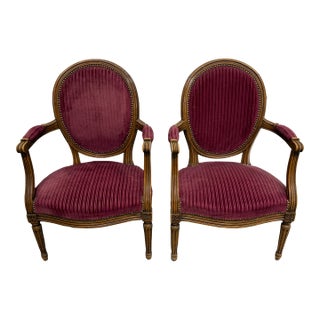 1910s Vintage French Louis XVI Solid Walnut Carved Armchair- A Pair For Sale