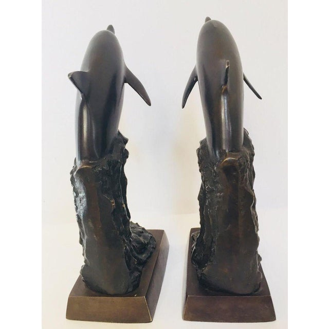 Vintage Pair of Bronze Dolphin Bookends, Mid-Century Nautical Sculptural Decor For Sale - Image 4 of 13