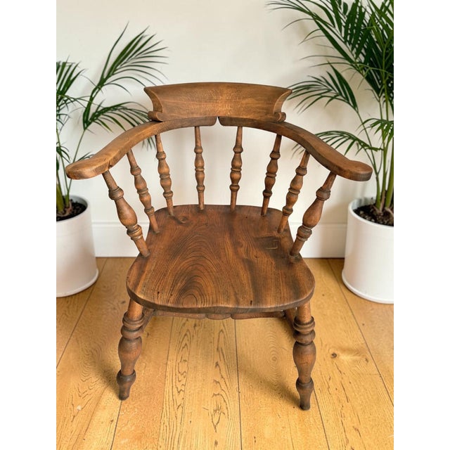 Antique Victorian Smokers Bow Armchair in Beech & Elm, 1880s For Sale - Image 4 of 18