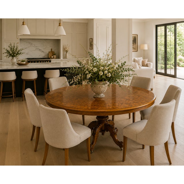 An antique Victorian burr walnut 6 seater oval tilt-top centre dining table with a beautifully figured top and an...