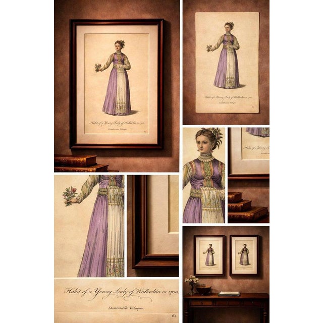 Antique Costume Print of a Young Lady of Wallachia, Engraving Jefferys, 1749 : A refined and delicately hand-colored 18th-...