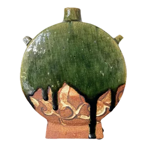 Early 21st Century Modern Japanese Studio Pottery Oribe Moon Flask Vase by Ken Matsuzaki
