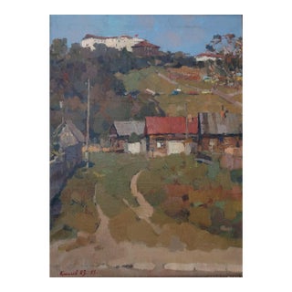 1950s Autumn Landscape Oil Painting, Ukrainian Village Art 78-58,5 For Sale