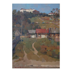1950s Autumn Landscape Oil Painting, Ukrainian Village Art 78-58,5