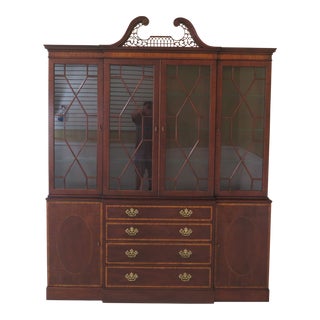 1990s Vintage Baker Inlaid Mahogany 4 Door English Style Breakfront For Sale