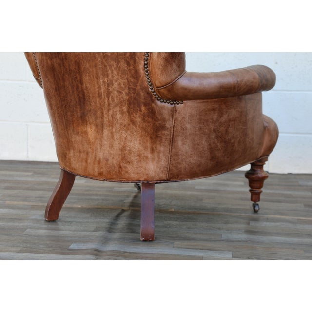 Pair of Vintage 1980s Distressed Brown Leather Tufted Library Armchairs For Sale - Image 15 of 18