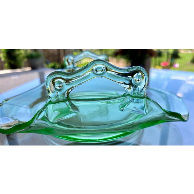 Glass -Circa 1920 Uranium Glass Double Handle Bon Bon Dish, Mt. Pleasant Pattern by l.e. Smith Glass For Sale - Image 7 of 13