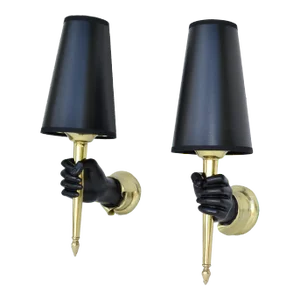 Andre Arbus Bronze Sconces Black Finish Hand Holding Light, Wall Lamp 1950 Pair