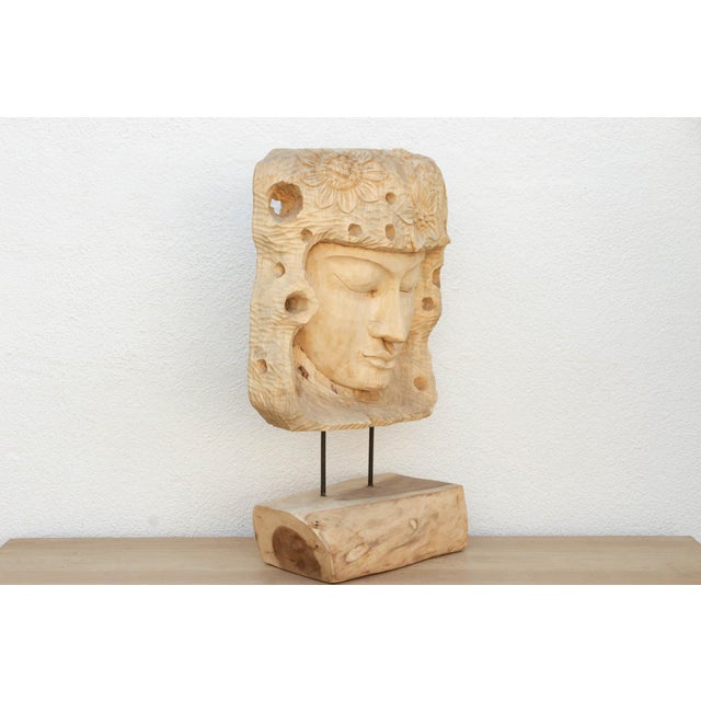 Ecru Large Carved Wooden Buddha Statue For Sale - Image 8 of 10