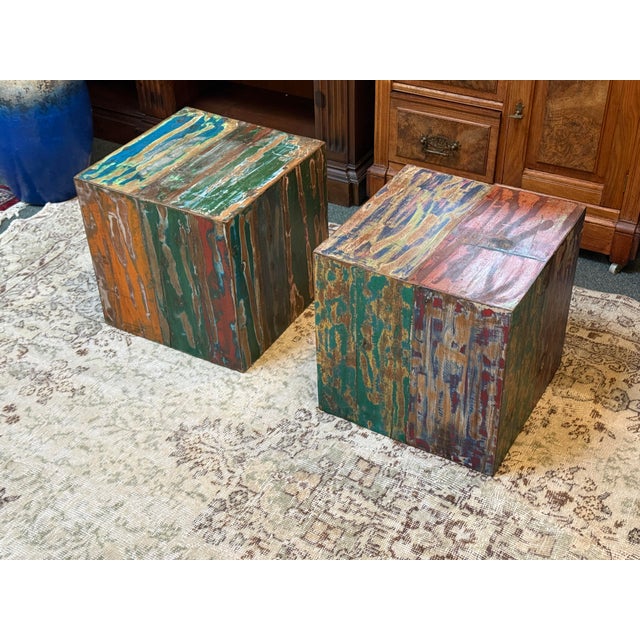 Handmade Reclaimed Boat Wood Cube Stools, Pair For Sale In San Francisco - Image 6 of 12
