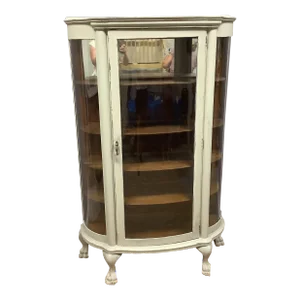 Antique Painted Oak Round China Cabinet Painted Soft Green Original Glass