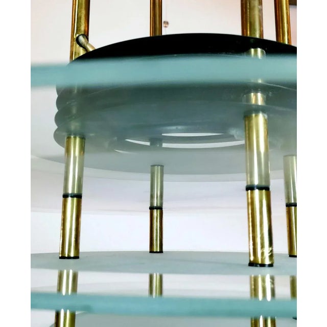 Metal Brass Chandelier with 3 Glass Panels, 1970s For Sale - Image 7 of 12