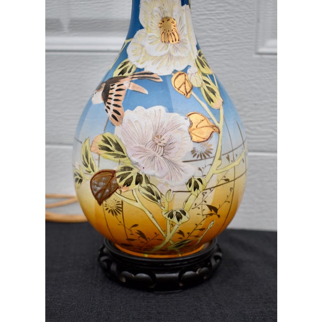 Antique Japanese Satsuma Vase Lamp Meiji Painted Porcelain Gold Bird Flower For Sale In Philadelphia - Image 6 of 17