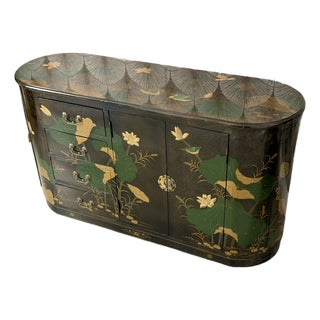 Vintage Mid-Century Modern Hand-Painted Asian Chinese Chinoiserie-Style Lacquered Oval Credenza Buffet Sideboard Cabinet For Sale