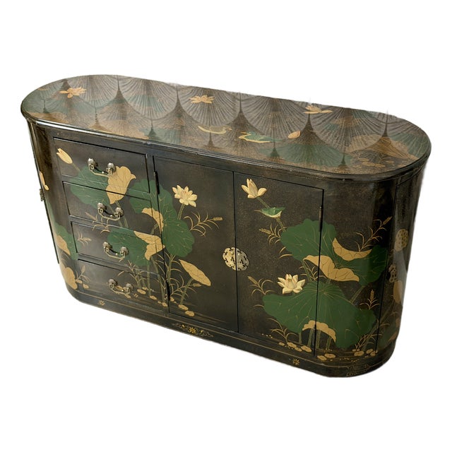 Vintage Mid-Century Modern Hand-Painted Asian Chinese Chinoiserie-Style Lacquered Oval Credenza Buffet Sideboard Cabinet For Sale