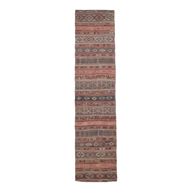 1970s Turkish Oushak Handmade Wool Cotton Brown Kilim Runner Rug For Sale