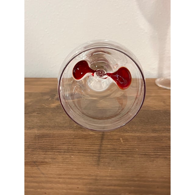 Glass Vintage Clear Art Glass Wine Goblets With Red Swirl Stems - Set of 10 For Sale - Image 7 of 12