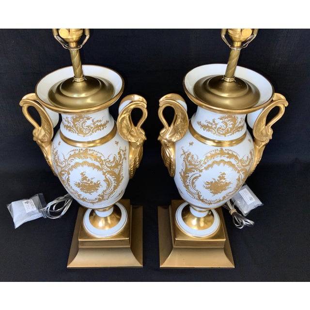 Pair of Paris Porcelain Gilt Napoleon Empire Swan Handled Urn Lamps, Mid to Late 19th Century For Sale - Image 10 of 12