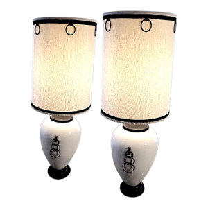 Monumental Ginger Jar Shaped Table Lamps With Cascading Hoop Earring Handles on Lamp and Shade