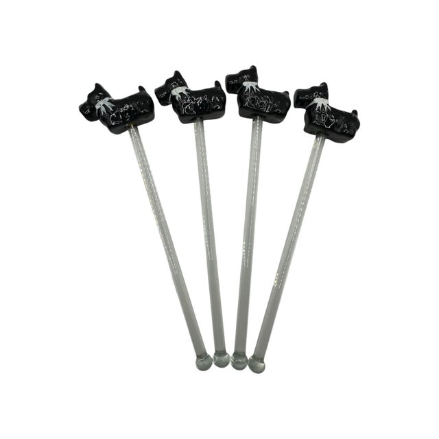 Vintage Glass Cocktail Glass Swizzle Sticks With Black Scottie Dog Figurine Toppers - A Set of 12 For Sale - Image 4 of 12