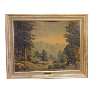 The Tetons by R. Wood – Vintage Framed Landscape Oil Painting – Classic Mountain Scene