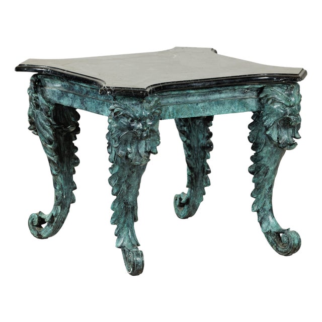 Late 20th Century Verdigris Bronze Side Table with Mythological Figures & Black Marble Top For Sale