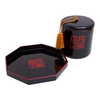 Chinoiserie Asian Bar Cart Ice Bucket & Tray Black Lacquer For Sale