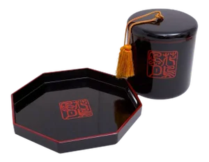 Chinoiserie Asian Bar Cart Ice Bucket & Tray Black Lacquer