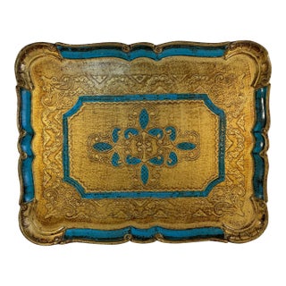 Vintage Rectangular Italian Blue and Gold Florentine Tray For Sale