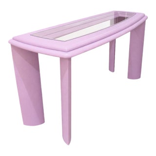 1980s Postmodern Purple Console Table With Angled Legs & Glass Inset Top For Sale