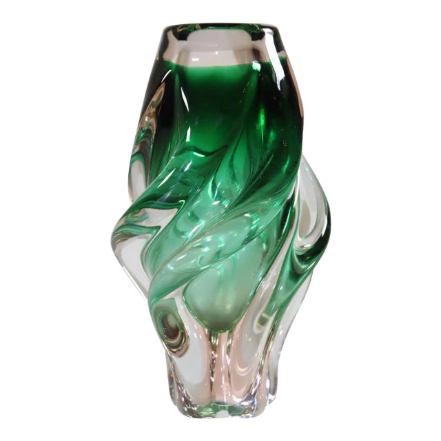 Handblown Art Glass Vase in Green Twisted Organic Shape For Sale