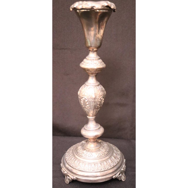 Pair of 12-Inch Antique Norblin and Co. Warsaw Silver-Plate Shabbat Candlesticks - Ornate Victorian Repoussé Judaica For Sale - Image 9 of 17