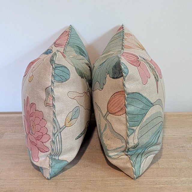 Lee Jofa Nympheus Twill Lumbar Pillows in Pink/Teal With Braided Multi Cord- Pair For Sale In Greensboro - Image 6 of 6