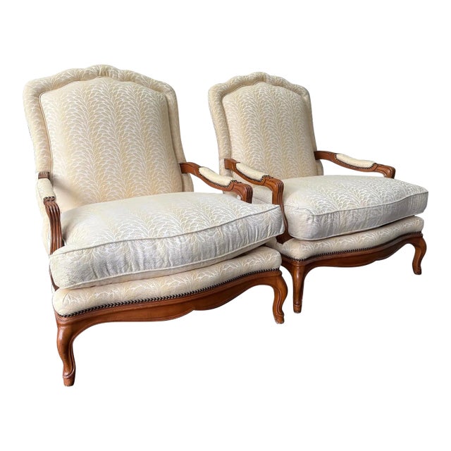 1990s Baker Furniture French Provincial Louis XV Oversized Fauteuil Chairs For Sale